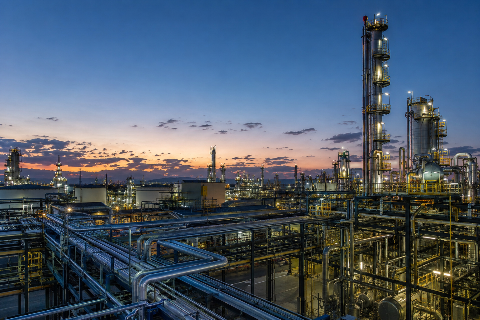 Refinería industrial al anochecer